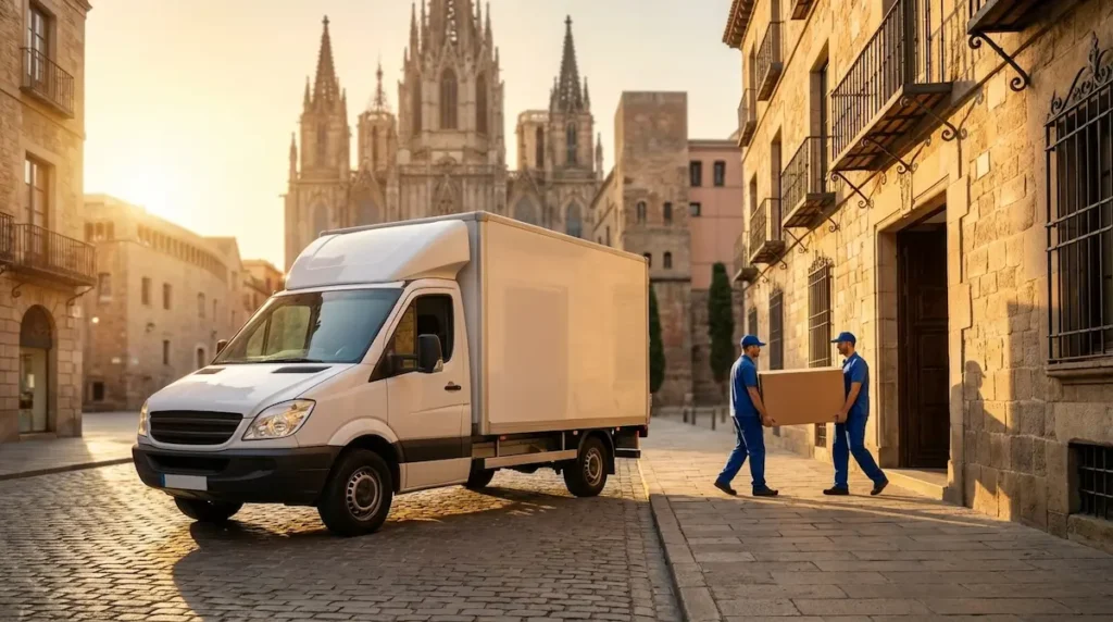 Camión de Mudena realizando mudanzas en León centro cerca de la catedral